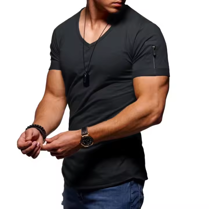 Camiseta de manga corta con cuello en V para hombre, camisa ajustada de color liso para hombre - 1