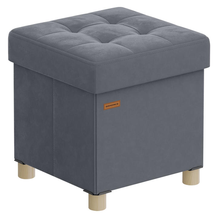 SONGMICS Puff Almacenaje Pequeño, Banco Plegable, 38 x 38 x 40 cm, Reposapiés, 37 L, Superficie de Terciopelo, para Dormitorio, Sala de Estar, Dormitorio, Gris Pizarra/Rosa Jalea/Beige Capuchino
