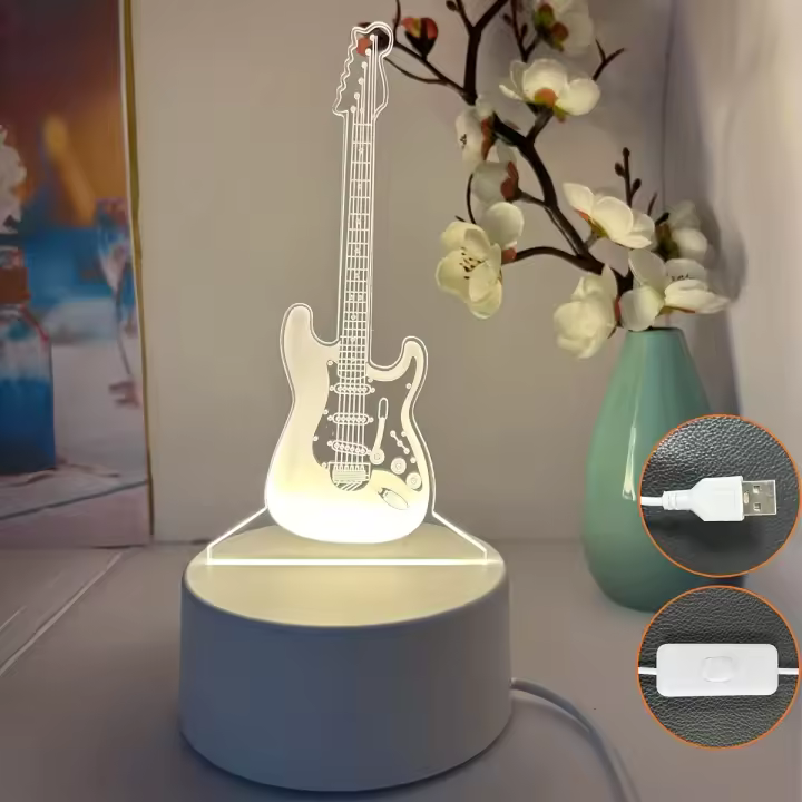 Lámpara De Mesa LED 3D Estéreo Para La Habitación Luz Nocturna En Forma De Guitarra Luz De Noche Acrílica Para El Borde De La Cama Luz Caliente Blanca - 1