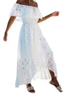 Vestido Casual Para Mujer Con Hombros Descubiertos Manga Corta Cintura Media Bordado De Encaje Color Sólido Irregular Vestidos - details 4