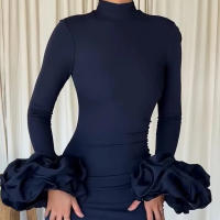 Vestido Largo De Otoño Para Mujer Elegante Con Mangas Largas Y Cuff De Flor Suelto Cuello Redondo Cintura Ajustada Slim Para Noche Y Fiesta Con Abertura - details 7