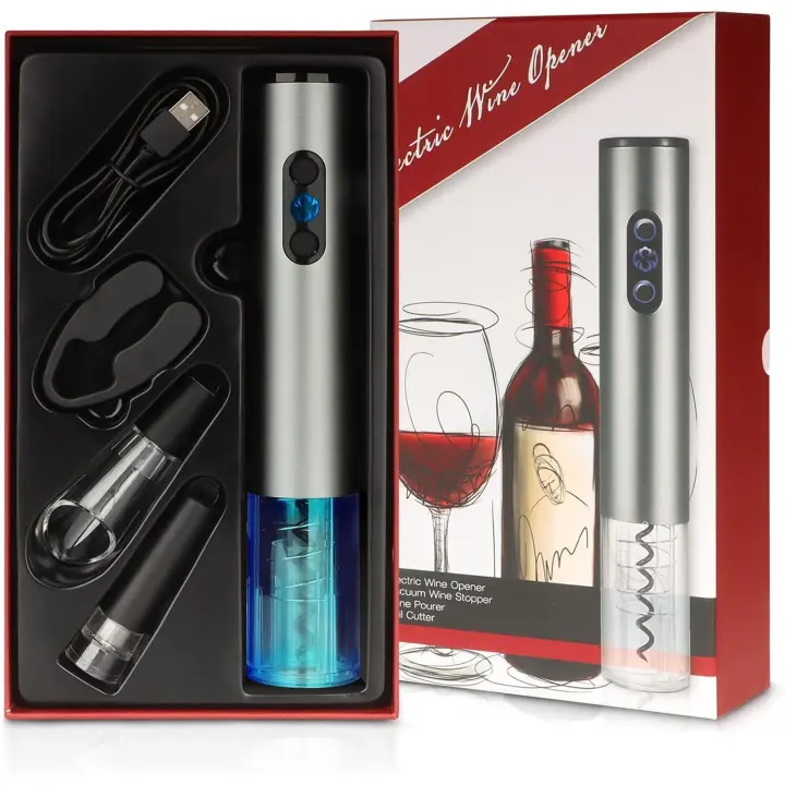 Sacacorchos eléctrico recargable, caja de regalo con abridor de botellas automático, cortador de papel de aluminio, aireador de vino, tapón de vino - 1