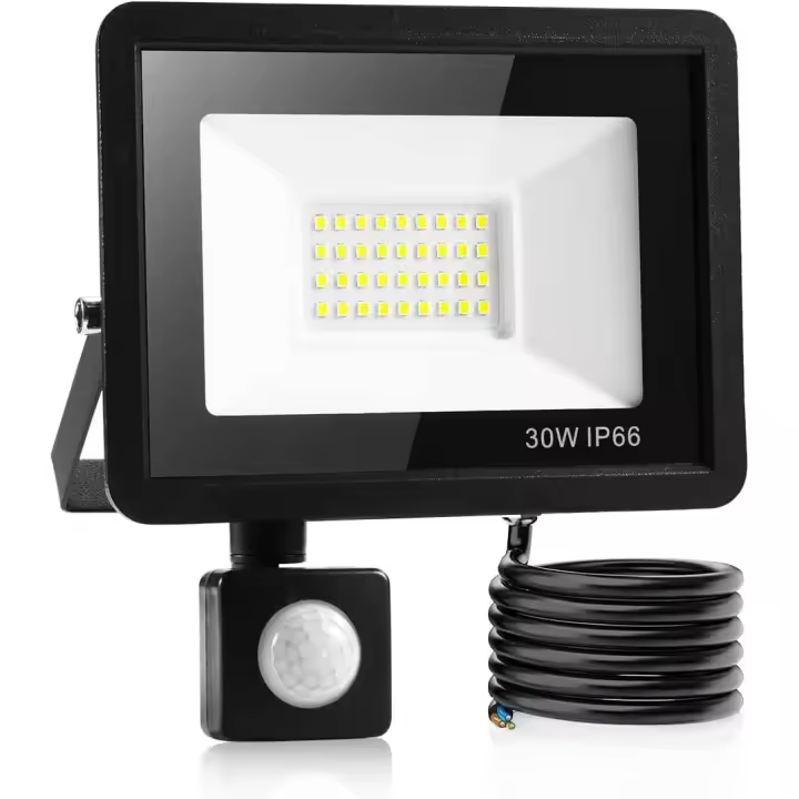 Sensor exterior de reflector LED de 30 W, sensor de luz exterior impermeable Ip66, luz blanca fría, ampliamente utilizado en garajes, jardines, patios delanteros, etc. [Clase energética F] - 1