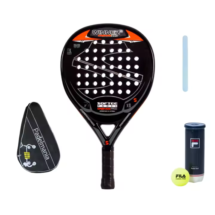 Pala de Pádel Softee Winner Pro Orange + Funda Pádel Manía + Protector Transparente + Bote de Pelotas Fila - 1