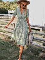 Vestido Largo Medio Casual De Rayas Para Mujer Con Borlas Cuello V Manga Corta Estilo A-Line Primavera Verano Polyester - details 7