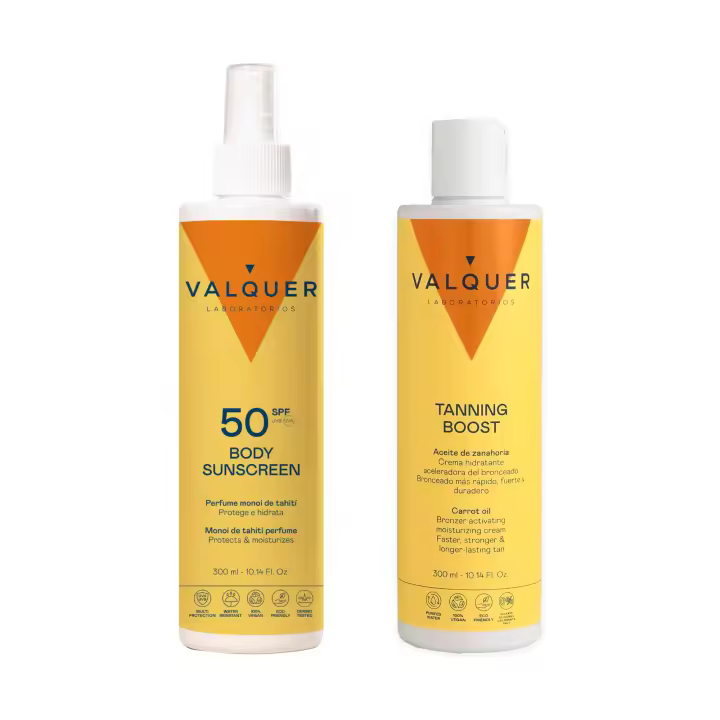 ¡NEW! PACK Solar Corporal. PROTECTOR SOLAR CORPORAL SPF50 + TANNING BOST CREMA ACELERADORA BRONCEADO. Pack Corporal de Valquer Laboratorios de 2 productos solares para conseguir un bronceado natural y saludable. - 1