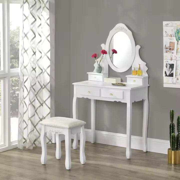 Juego de Tocador Limerick con 4 cajones + espejo ovalado + taburete acolchado MDF 141 x 75 x 40 cm - Blanco [en.casa] - 1