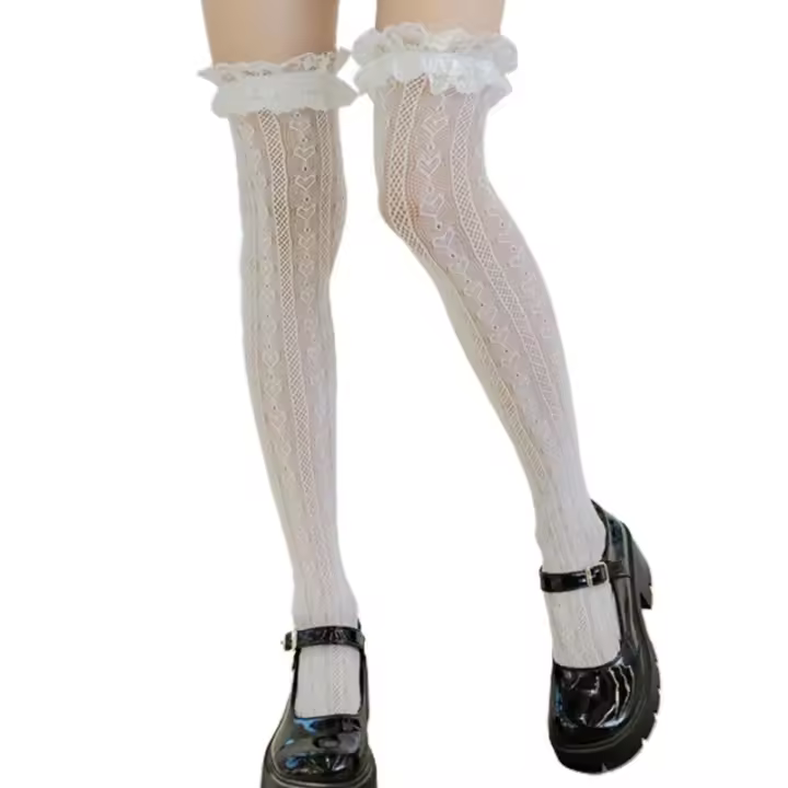 Medias Altas De Encaje Con Patrón De Corazones Y Rayas Para Mujer Estilo Japonés Lolita Fishnet Longitud Pierna Con Volante Y Volúmenes Kawaii - 1
