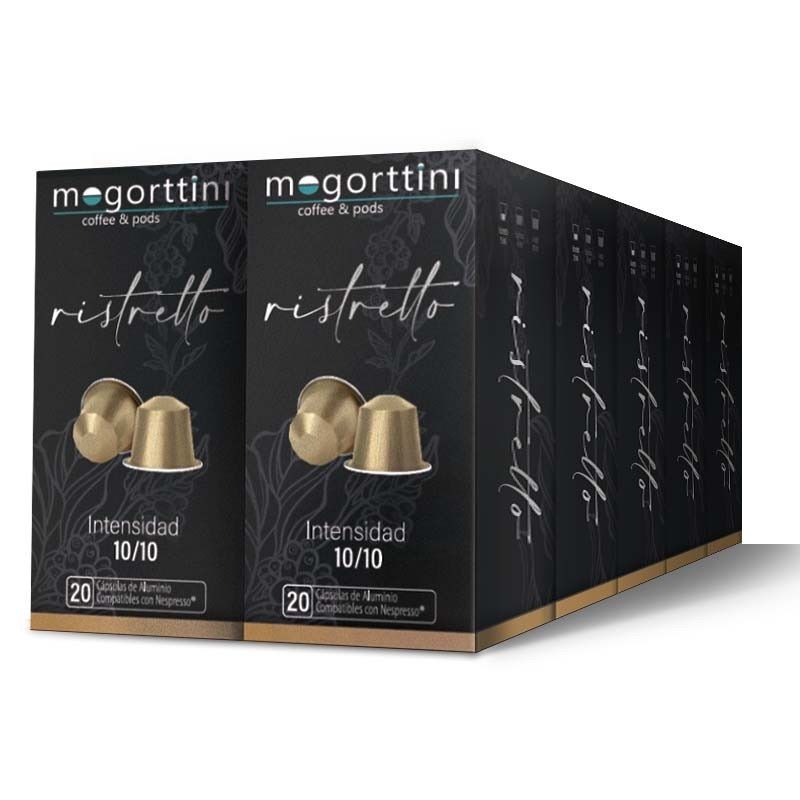 Mogorttini - Café Ristretto, 200 Cápsulas de Aluminio Compatibles con Nespresso (Formato 10x20 uds). Alta Calidad.