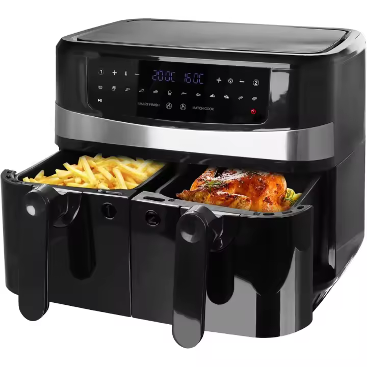 Freidora de Aire sin aceite Emerio AF-126672, Air fryer capacidad 4,5L+4,5L, Potencia 2400W, Dos cestas independientes, Pantalla digital, 12 programas, Termostato regulable 50-200ºC, Sync Finish (cestas terminan al mismo tiempo), Apto lavavajilas, sin BPA - 1