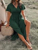 Vestido Casual De Verano Para Mujer 2024 AliExpress Con Cuello En V Manga Corta Y Abertura Midi De Poliéster Estilo Europeo Y Americano - details 12