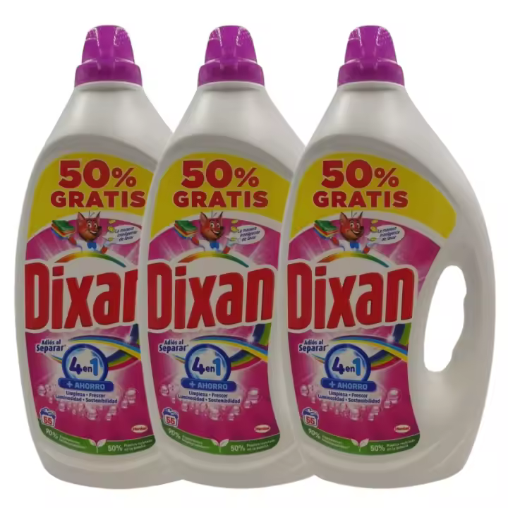 Dixan Pack de 3 Detergente Líquido 4 en 1  Ofrece 55 Lavados Eficaces por Botella, con un Total de 2,475 Litros de Producto. Limpieza Profunda con Acción Multi-Beneficio para un Cuidado Completo de la Ropa - 1