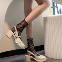 Calcetines De Encaje Para Mujer Ultrafinos De Malla Modelo Mary Jane Negro Y Blanco De Media Altura Antideslizantes - details 6