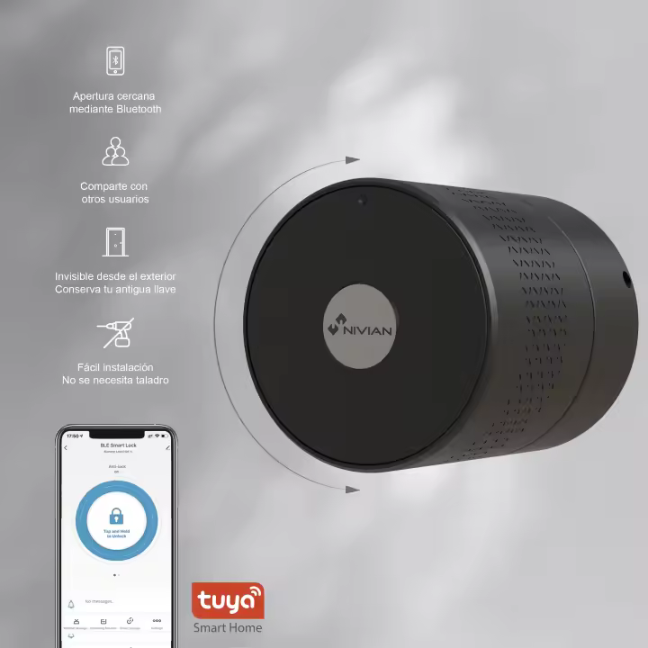 Nivian Cerradura Inteligente Bluetooth, Apertura Remota sin Llave, Creación de Llaves Virtuales Temporales, Función Autocierre, Instalación Fácil (NV-SMARTLOCK) - 1
