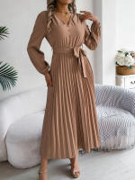 Vestido Elegante De Mujer Con Botones Y Cuello En V Manga Larga Plegado Con Cierre De Lazo Estilo Casual A-Line Para Primavera/Otoño - details 8
