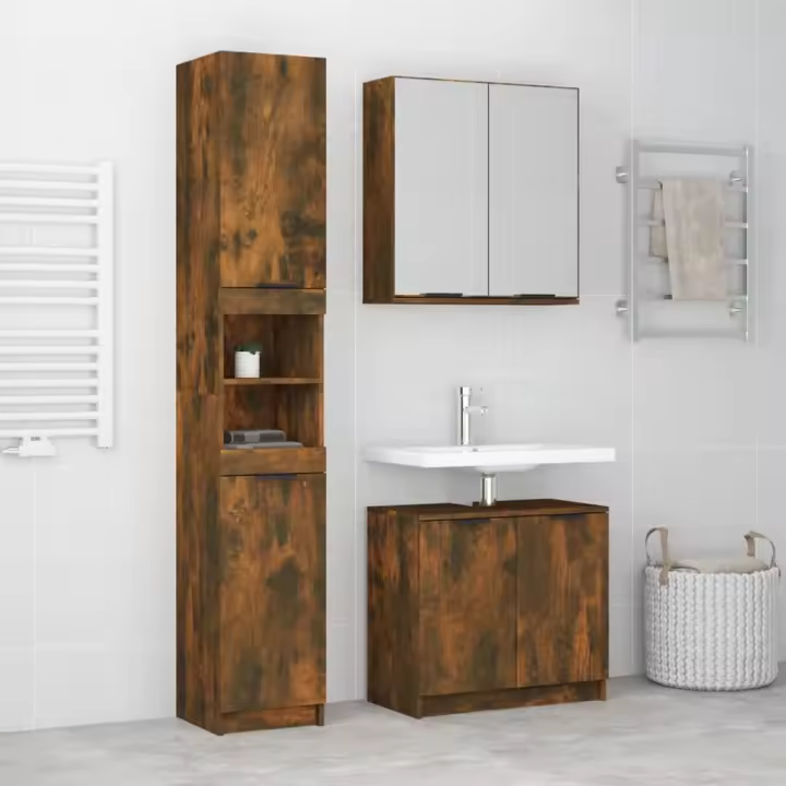 vidaXL Set de muebles baño 3 pzas madera contrachapada en color Roble ahumado/Blanco/Gris sonoma | almacenamiento funcional diseño moderno para baño dormitorio sala - 1