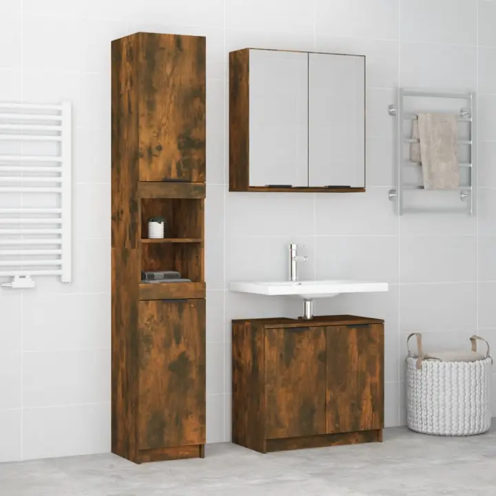 vidaXL Set de muebles baño 3 pzas madera contrachapada en color Roble ahumado/Blanco/Gris sonoma | almacenamiento funcional diseño moderno para baño dormitorio sala - 1