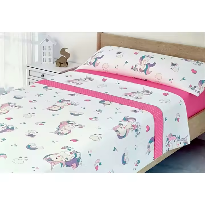 ANGAMA TEXTIL -  Sábanas de Invierno, juego de  3 Piezas Infantiles, calidad Pirineo perchado a doble cara, Tacto Extra Suave, compuesto por Sábana bajera ajustable, Sábana encimera, mas 1 funda de almohada. diseños - Unicornios y dinosaurios. - 1