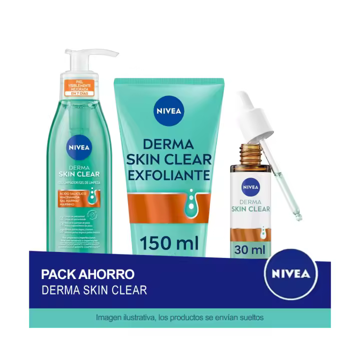NIVEA RUTINA DERMA SKIN CLEAR Pack ahorro - Contiene Serúm Facial + Gel Limpiador + Exfoliante - 1