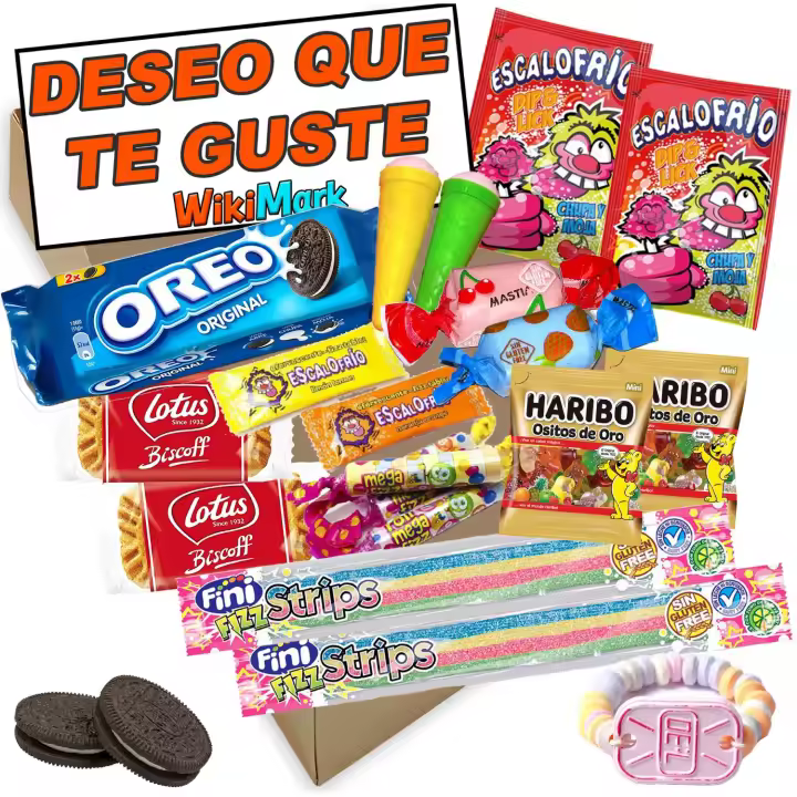 Cajita Regalo Muy Original con 20 - Galletas Oreo, Ositos Haribo, Galleta Lotus Biscoff, Lenguas Gominola Multicolor, Reloj Chuche y Muchos Caramelos Más. Incluye Tarjeta Deseo Que Te Guste. - 1