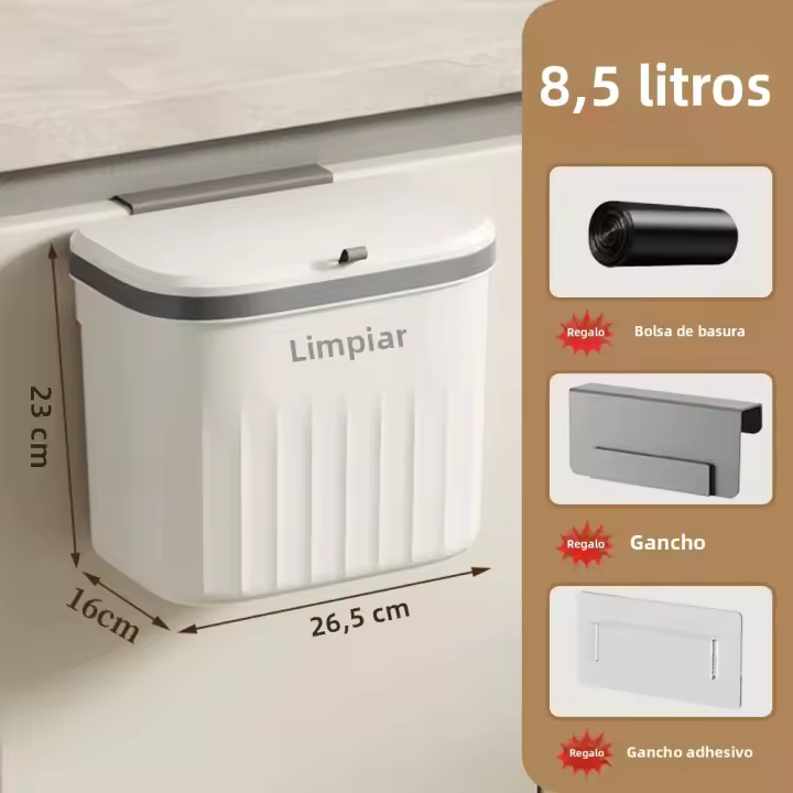 Cesta De Basura Colgante Para Cocina Y Baño 8.5/12L Con Tapa Y Bolsa De Basura Ecológica Y Reciclable Para Armario De Cocina Y Pared De Baño - 1