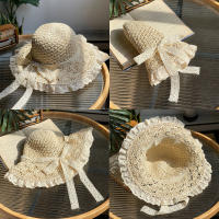 Sombrero De Paja Plegable Con Borde De Encaje Para Mujer Sombrero De Sol Con Lazo Bonito Para Vacaciones Y Playa - details 1