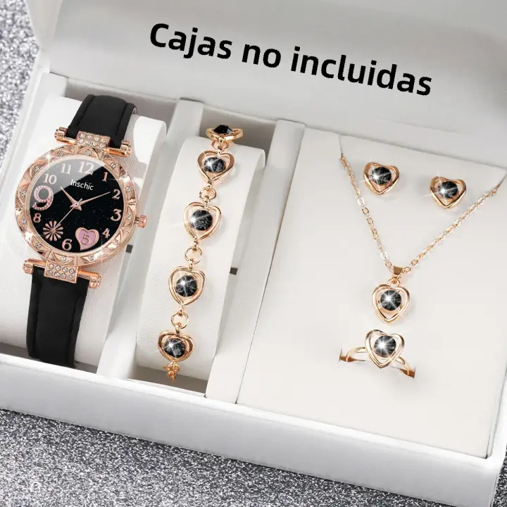 Set De 6 Relojes Para Mujer Con Dial De Corazón Y Cuerda De Cuero Moda Relojes De Cuarzo Con Joyería De Diamantes Sin Caja - 1