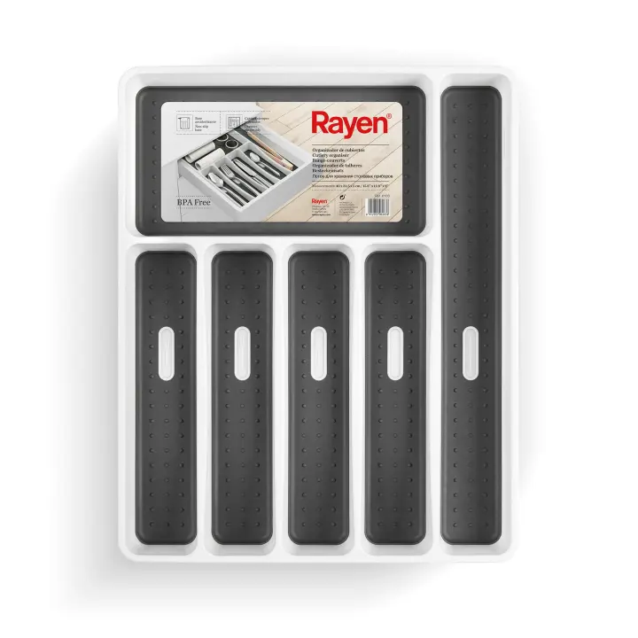 Rayen | Organizador de Cubiertos | 6 Compartimentos | Organizador Cajón Cocina | Patas Antideslizantes | Polipropileno | Blanco | Medida: 40x32,5x5 cm - 1