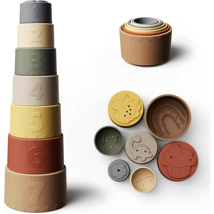 Juguete apilable para niños | Vasos apilables de silicona | Juguete para bebés | Vasos de juguete | Juguete de desarrollo | Cuidado dental y suave | Regalo para niño o niña | Juego de 7 - 1