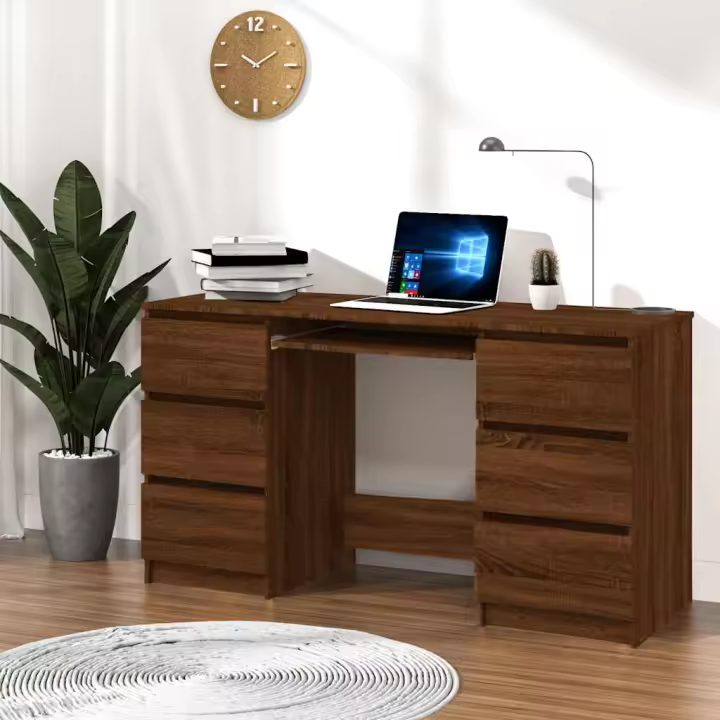 vidaXL Escritorio madera contrachapada roble marrón 140x50x77 cm en color Marrón roble/Gris sonoma/Blanco y más | estructura resistente ideal para salón dormitorio o estudio - 1