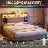 Cama de matrimonio 140x200 cm tapizada en lino beige con cajones, LED RGB, cabecero con almacenaje y carga USB-C - details 2