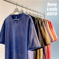 Camiseta Estilo Retro Americano Pesada De Color Sólido Para Hombres Y Mujeres Manga Corta Verano Moda De Calle Antiguo Talla Grande Ropa Lavada - details 0