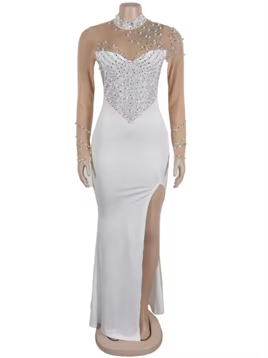 Vestido Largo De Noche Para Mujer Con Perlas Y Diamantes Translúcidos De Malla Elegante Y Sexy Para Fiesta Club Y Año Nuevo - 1