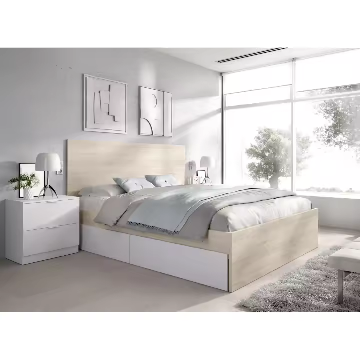 DEKIT GRUPO RIMOBEL LAGO - CAMA PARA DORMITORIO 135/140X190 CON 4 CAJONES Y DOS MESITAS DE 2 CAJONES - NATURAL / BLANCO - 100 x 246 x 195 - 1