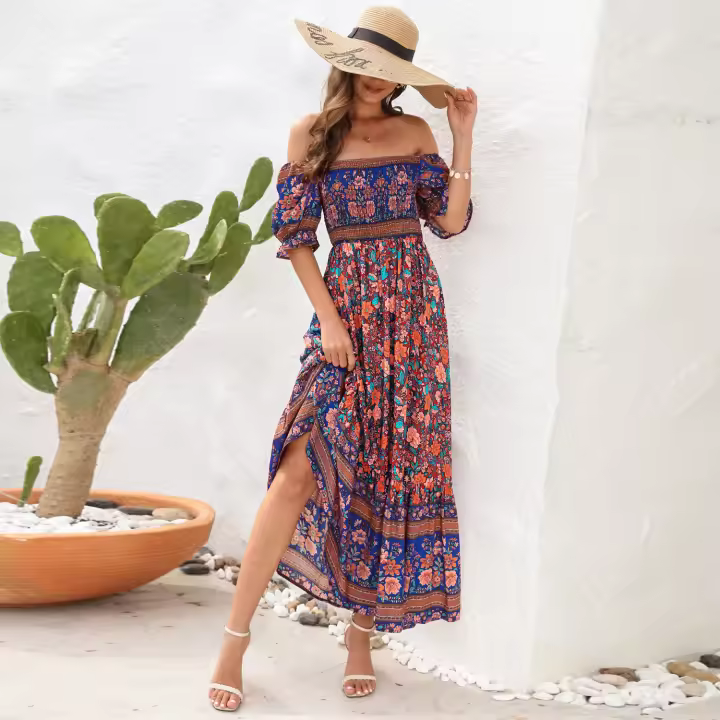 Vestido bohemio de playa para vacaciones, con un hombro al descubierto y mangas abullonadas, estilo europeo y americano, vestido largo - 1