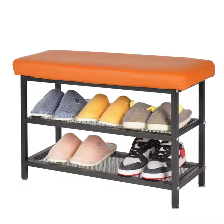 ALLINLIFE Banco Zapatero, Banco tapizado para Zapatos, con cajón, 2 Filas para 6 Pares de Zapatos, Estructura de Acero, Industrial,Cojines de asiento blandos， Marrón Rústico y Gris,Blanco,Naranja - 1