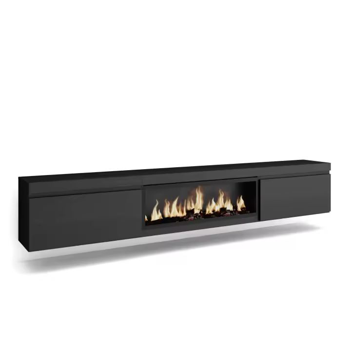 Skraut Home, Mueble TV, Muebles de salón con dos puertas para almacenaje, 267x35x45cm, Chimenea eléctrica XXL led efecto fuego 3d, Colgado - 1
