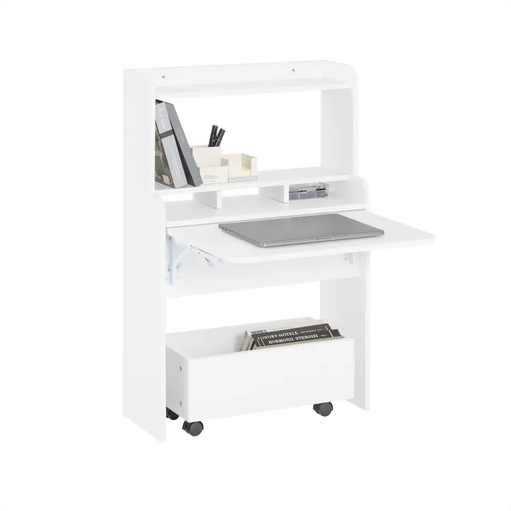 SoBuy Mesa Escritorio Plegable Mesa Plegable para Computadora con Estantes de Almacenamiento y 1 Baúl Mesa de Trabajo Blanco 64x62x98cm FWT105-W ES - 1