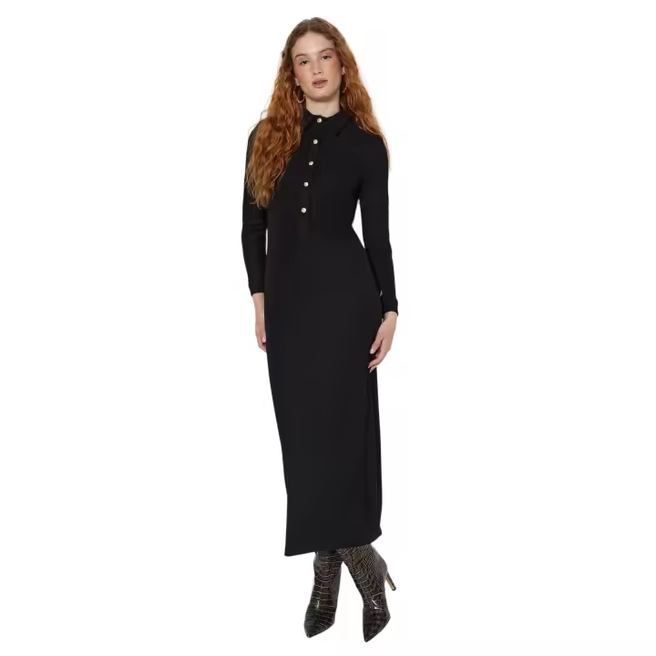Trendyol Black Polo Collar Gold Button Detailed Knitted Dress Tctaw24Eb00108 - 1