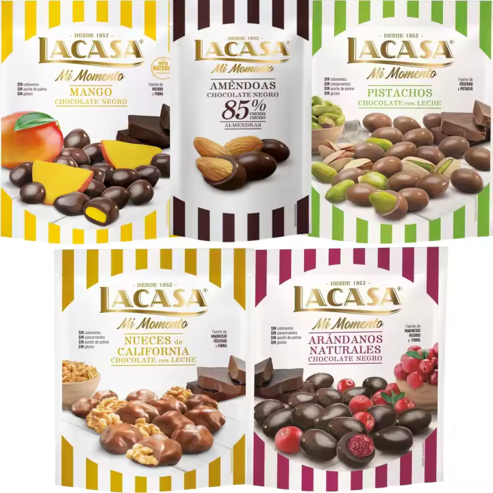 Lacasa Mi Momento pack de 5:Almendra 85% 65G,Arándano choco Negro 125G,Nueces Leche 115G,Pistacho Leche 100G,Mango choco Negro 115G - 1