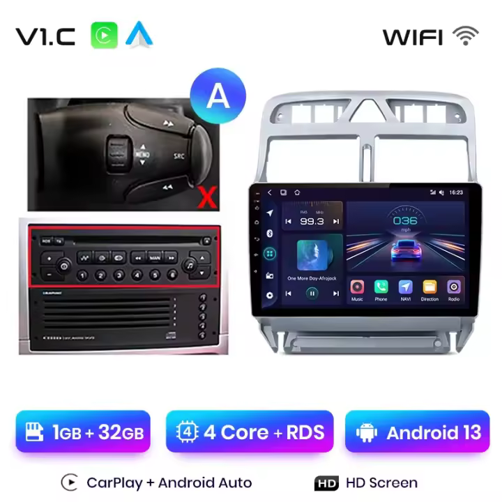 Junsun Android 13 Radio para Peugeot 307 307CC 307SW 2002 2003 2004 2005 2006 2007 2008 2009 2010 2011 2012 2013 de Coche con Chip Qualcomm de 8 Núcle de Coche con Chip Qualcomm de 8 Núcleos CarPlay Inalámbrico Autorradio Estéreo Pantalla HD Multimedia - 1