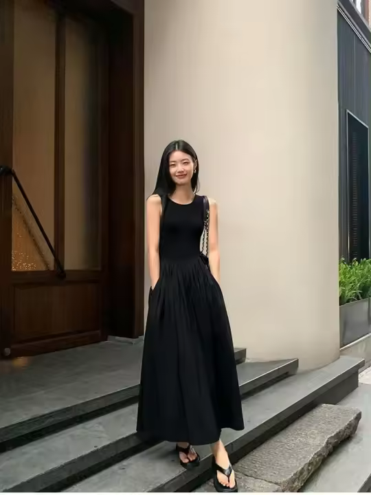 Vestido Largo Elegante Y Elegante TKNOLEGE Para Mujer Verano Cuello Redondo Sin Mangas Cintura Alta Estilo Preppy Negro - 1