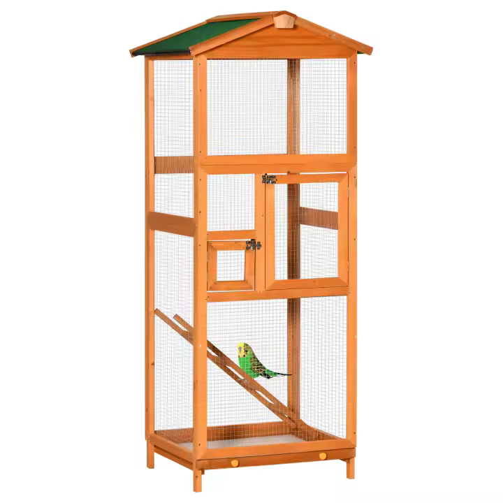 PawHut Jaula para Pájaros Grande 68x63x165 cm Pajarera de Madera de Abeto con 2 Puertas Bandeja Extraíble y Techo Asfáltico Madera - 1