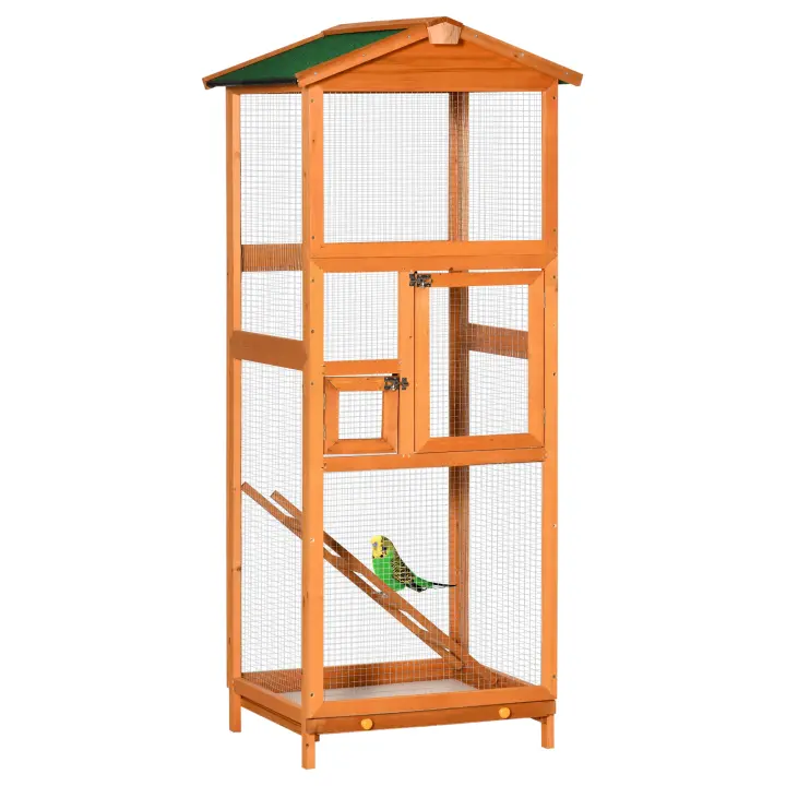 PawHut Jaula para Pájaros Grande 68x63x165 cm Pajarera de Madera de Abeto con 2 Puertas Bandeja Extraíble y Techo Asfáltico Madera - 1