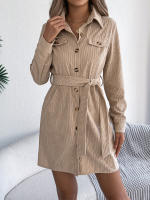 Vestido De Mujer Casual De Otoño E Invierno En Color Sólido De Corduroy Con Botones Y Cordones Largo De Cintura Vestimenta - details 9