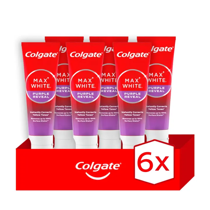 Pasta de dientes blanqueadora Colgate Max White Purple Reveal, dientes blancos 75ml Pack de 6 | Blanqueamiento Óptico Instantáneo. Corrige el tono amarillo y revela tu mejor sonrisa. - 1
