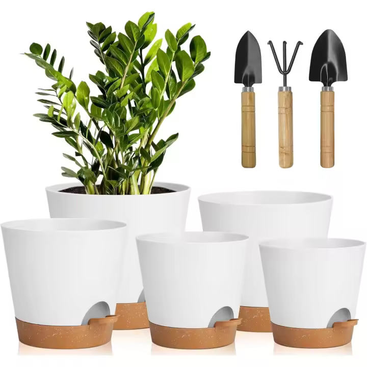 SOMY 5 macetas de plástico, 7/6,5/6/5,5/5 pulgadas, macetas de plástico para flores/plantas, autorriego con platillo para flores, adecuado para interiores y exteriores, balcones, jardines (marrón blanco) - 1