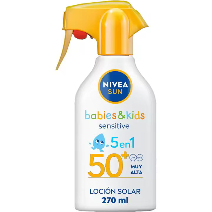 NIVEA SUN Babies & Kids Sensitive 5 en 1 leche solar SPF-50+ pistola 270 ml para piel sensible, extra resistente al agua - 1