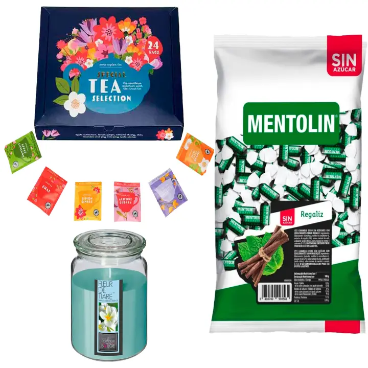 Pack surtido: MENTOLIN REGALIZ S/A BOLSA 1KG + Vela perfumada con flor tiare + Set de Te con 24 bolsitas con diferentes sabores y aromas - 1
