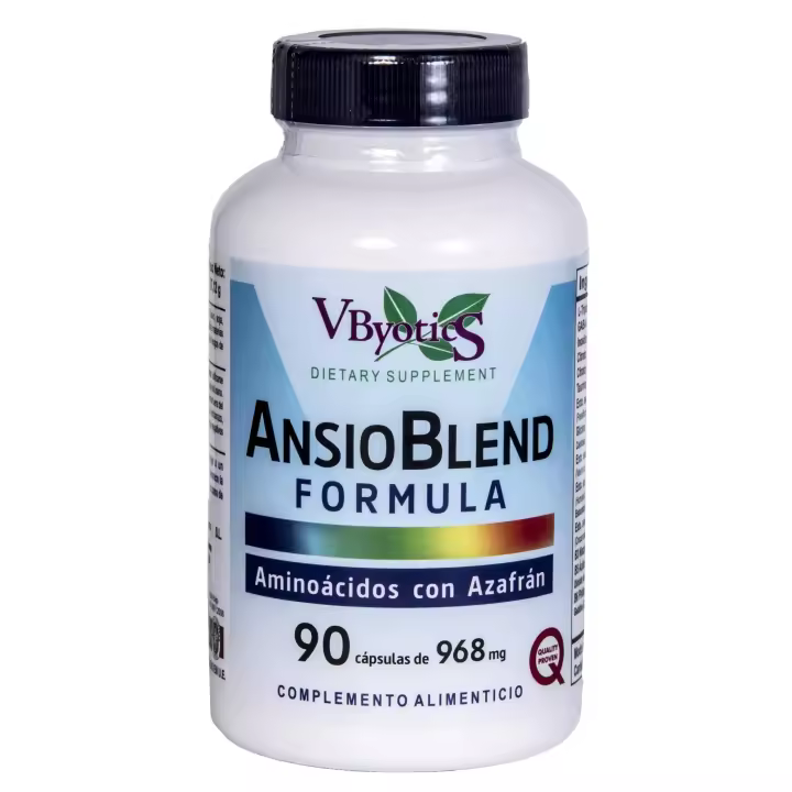 ANSIOBLEND Vbyotics es una formulación que incorpora componentes como el safranal (azafran), l-triptófano, extractos de valeriana, pasiflora y lúpulo, así como un complejo de vitaminas que facilitan un mejor estado anímico. - 1